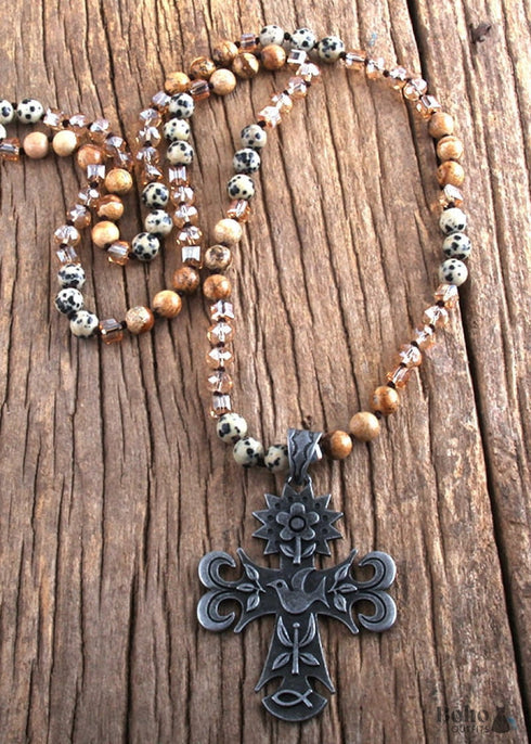 Boho Necklace, RH Precious Lava Stone, Cross and Bird